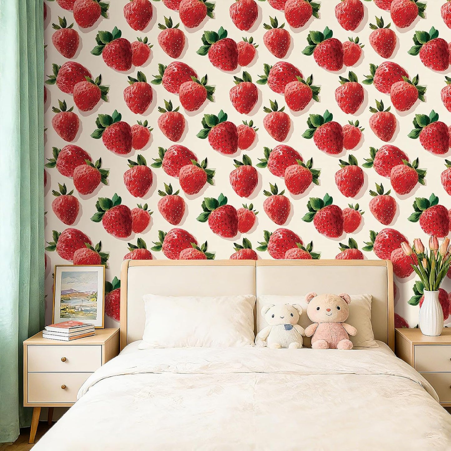 Papel tapiz fresas autoadhesivo 17.5x10pulg rojo beige