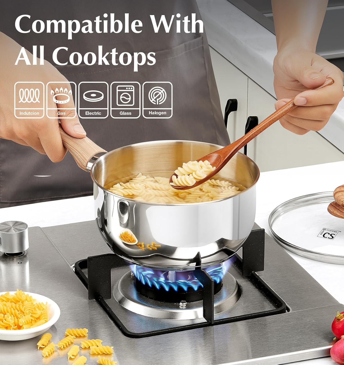 Set Ollas Acero Inox 1-3qt con Tapas Vidrio