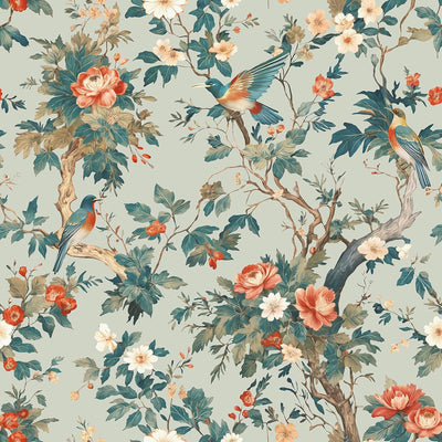 Papel tapiz chinoiserie azul verde pájaros flores 17.5x80pulg