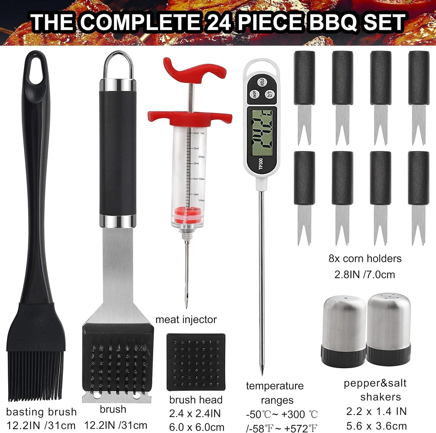 Set 24 Pzas Herramientas BBQ con Termómetro y Inyector Acero Inox
