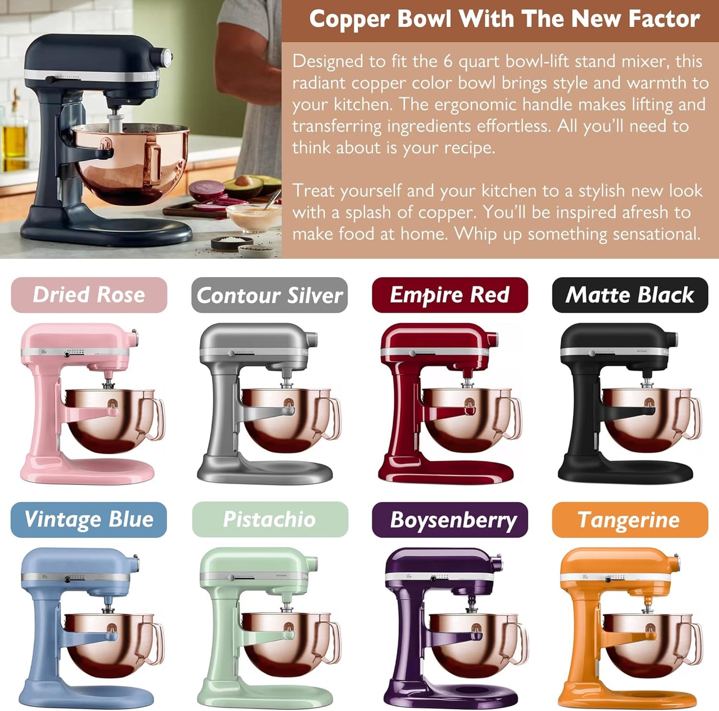 Tazón acero inox 6qt cobre comp Kitchenaid KP26 KB26