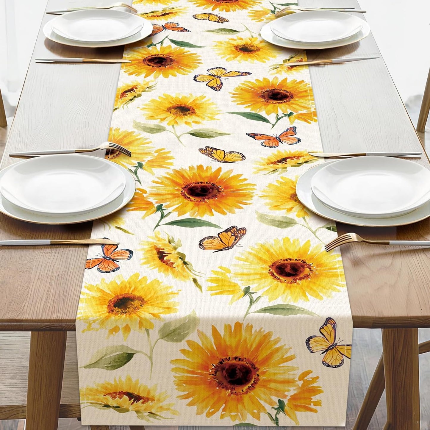 Manta para mesa de flores de girasol y mariposa de juta decoración para cocina y hogar 13 x 72 pulgadas