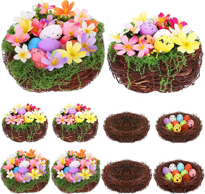 Juego 8 nidos Pascua ratán huevos coloridos flores musgo