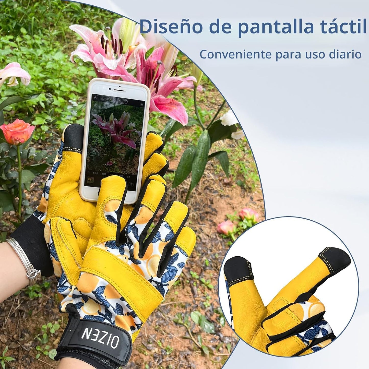 Guantes cuero vaquero jardinería pantalla táctil