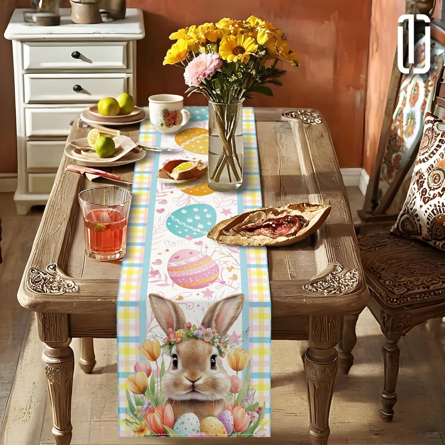 Decoración mesa Pascua conejo tulipán cuadriculado 13x72pulg