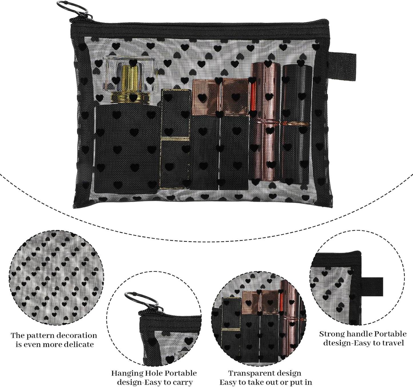 Bolsas maquillaje malla cremallera 4 pzas forma corazón
