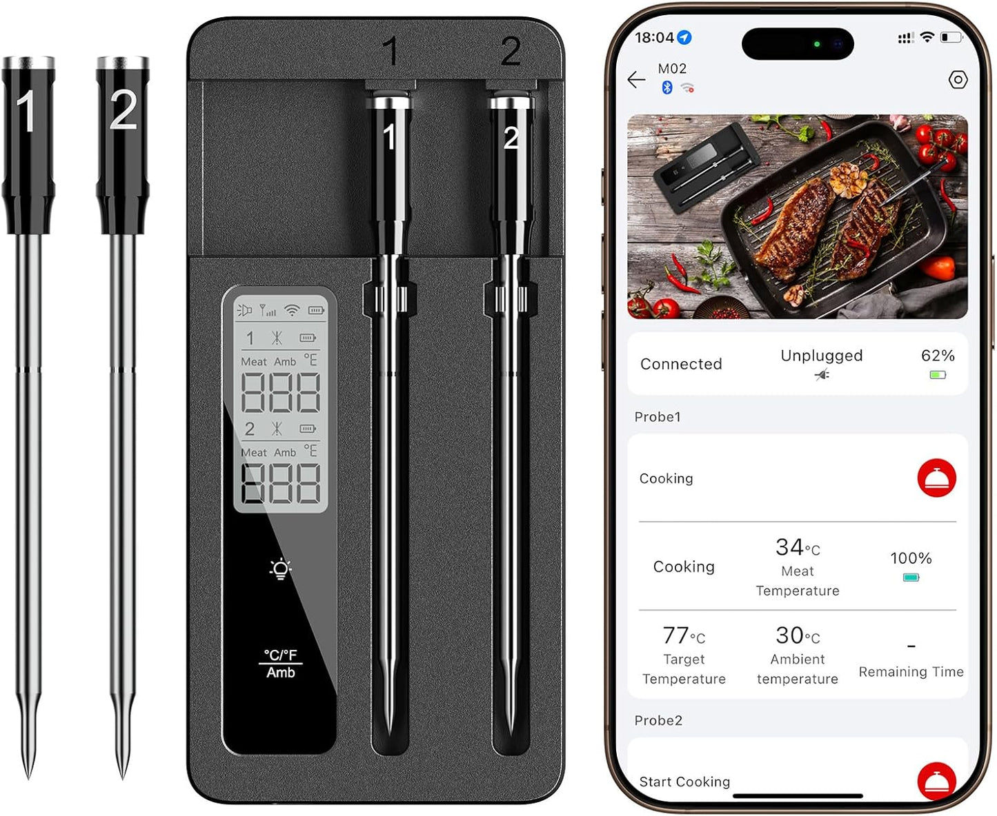 Termómetro carne inalámbrico con doble sonda BT/WiFi alta precisión