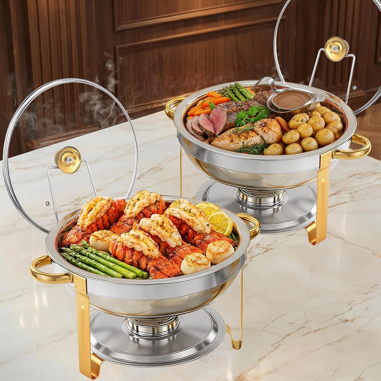2 Pzas Platos Bufé Acero Inox Dorado Con Tapa Vidrio
