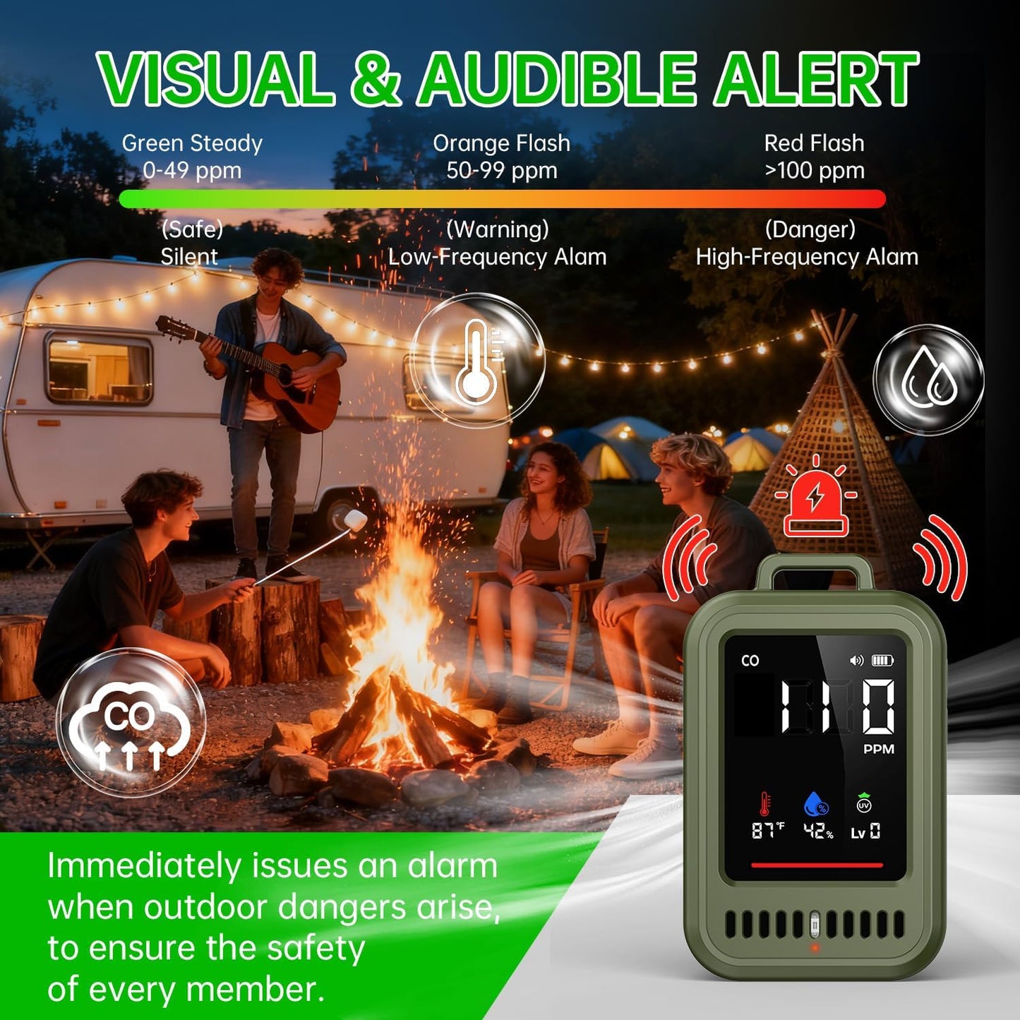 Detector CO 4en1 con alertas audibles y visuales portátil