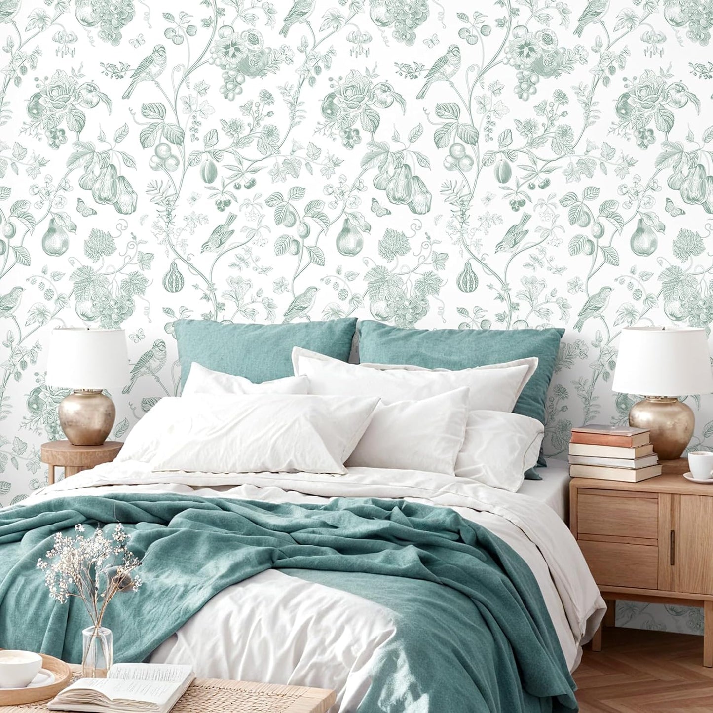 Papel tapiz chinoiserie verde salvia autoadhesivo 17.7x118pulg