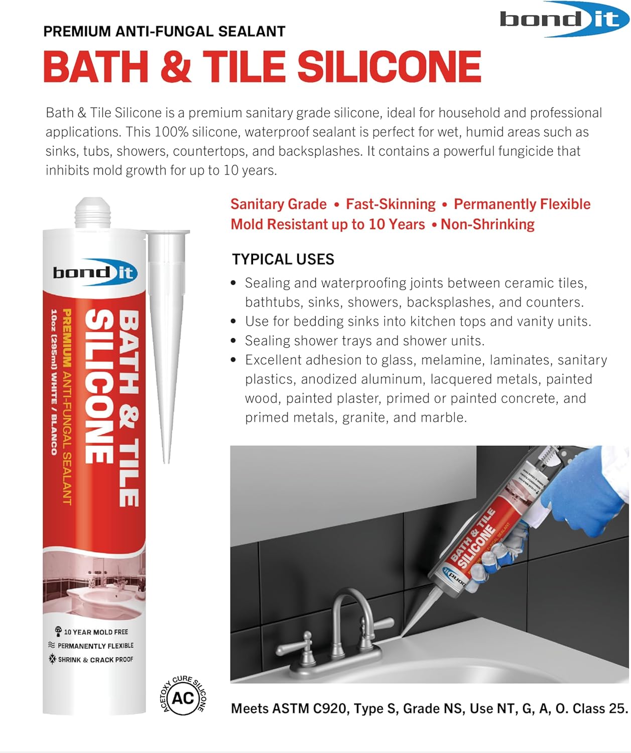 Sellador silicona baño y azulejos flexible impermeable 10oz