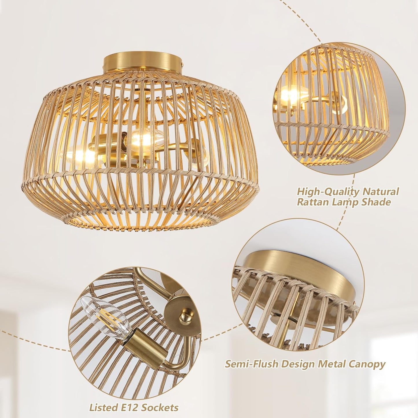 Lámpara techo ratán 3 luces dorada bohemia dormitorio