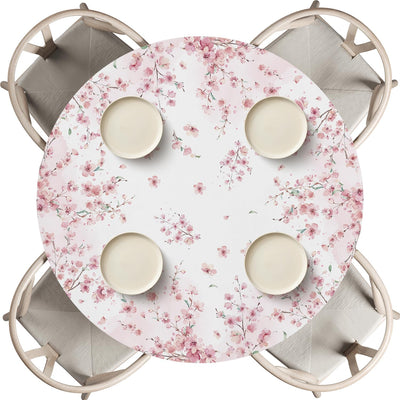 Mantel Redondo Primavera 60pulg Diseño Cerezo Rosa Elástico Lavable