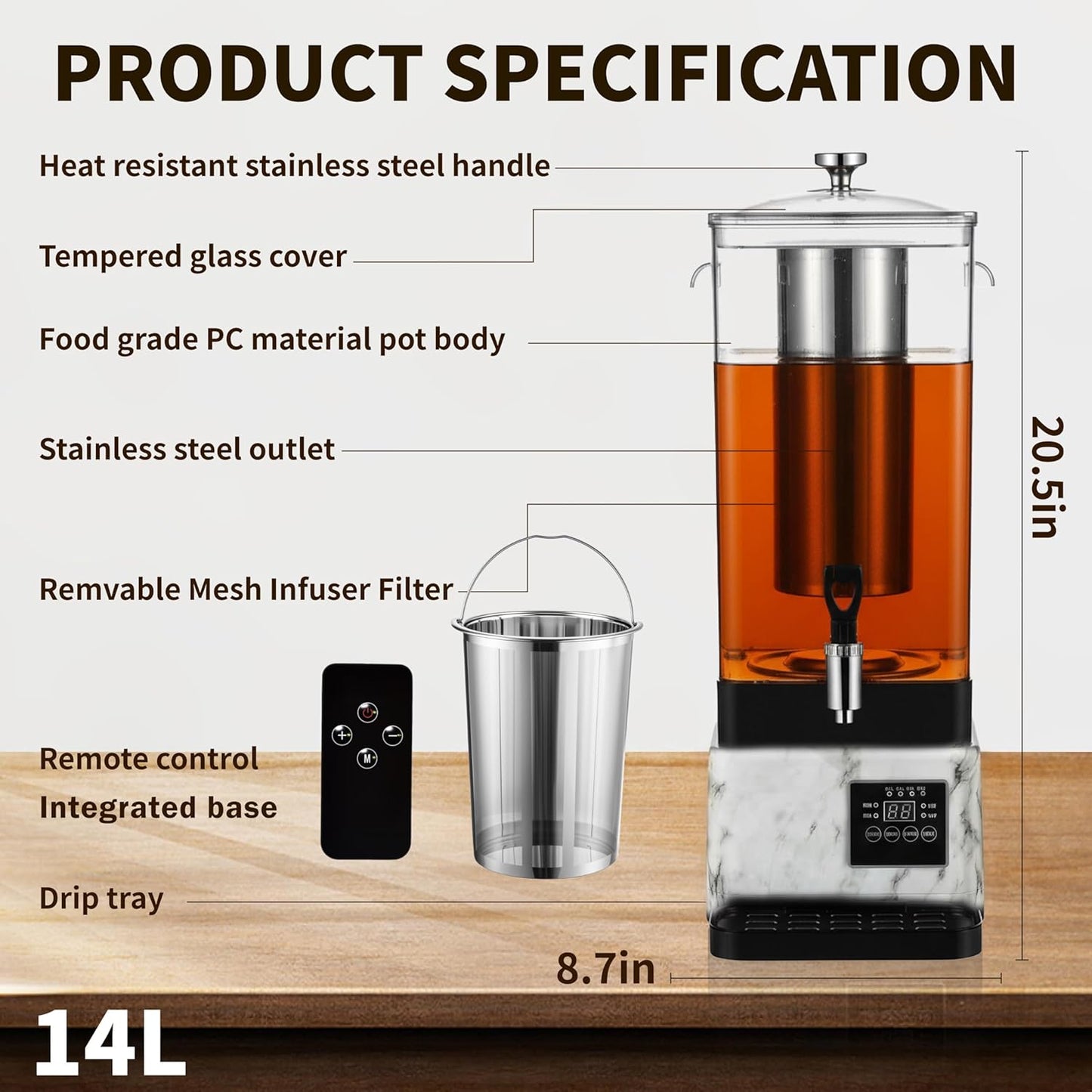Máquina té 14L 90 tazas dispensador multifuncional con infusor