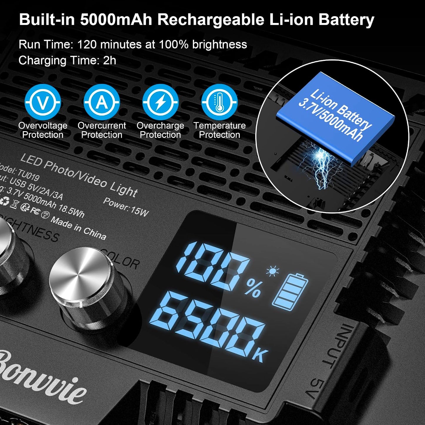 Luz LED recargable 15W para cámara con batería 5000mAh 3000-6500K