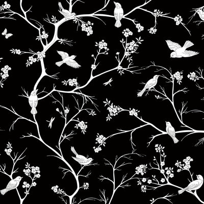 Papel tapiz floral negro chino con pájaros y flores