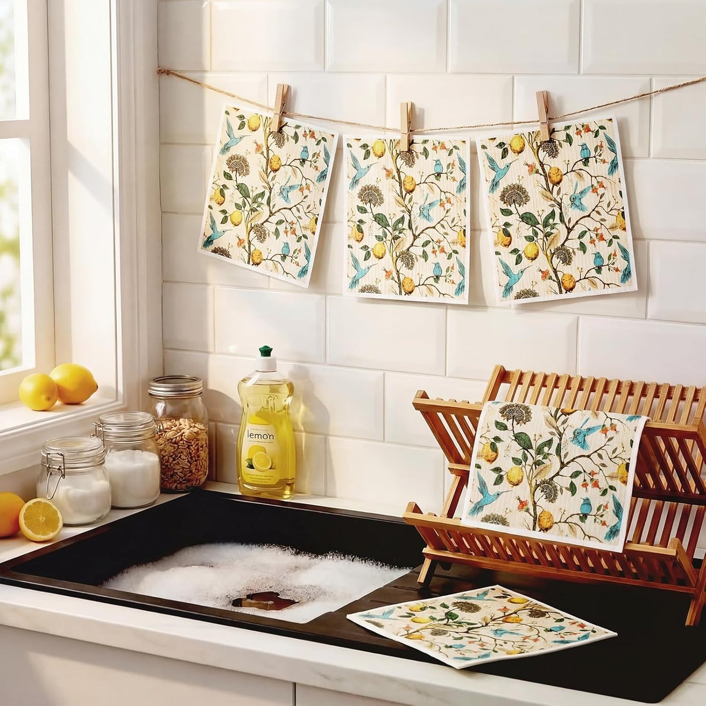 Paquete de 6 paños de cocina con diseño de pájaros de limón sueco reutilizables