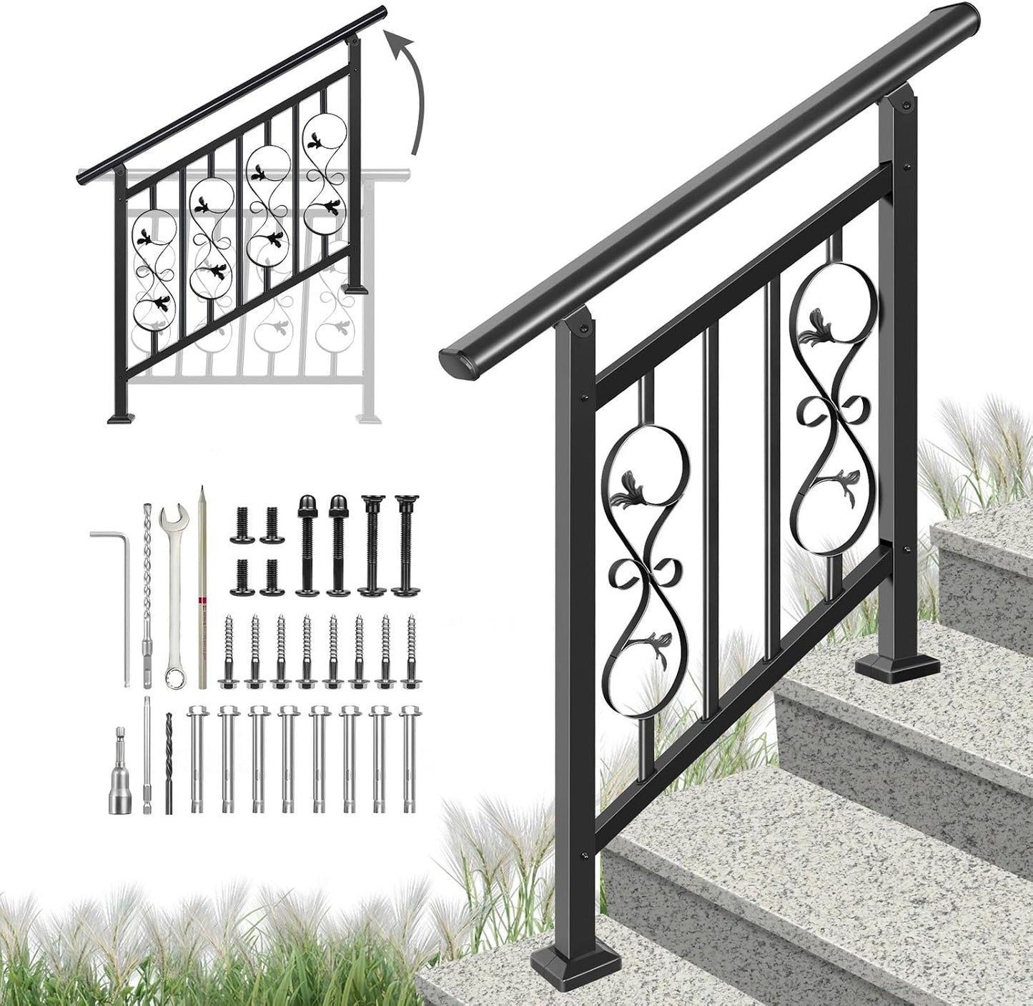 Pasamanos hierro forjado negro ajustable escalones