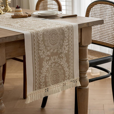 Camino de mesa rústico con borlas para cocina y comedor guirnalda caqui