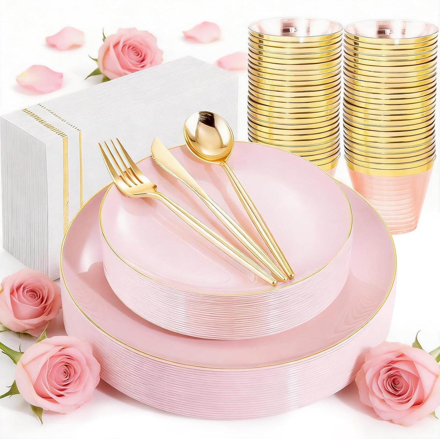 Set 350 platos plástico rosa borde dorado