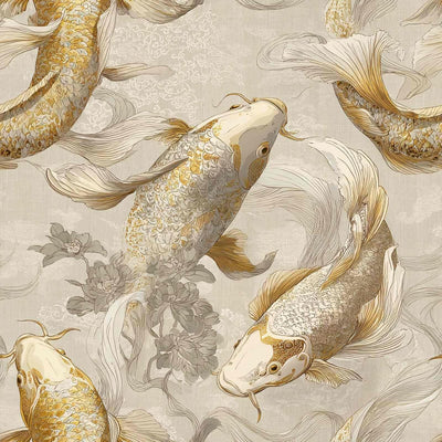 Papel tapiz chinoiserie dorado Koi Fish Lotus adhesivo impermeable