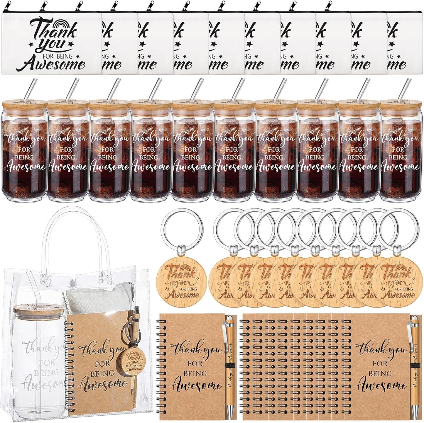 60 Pzas Vasos Vidrio 16oz con Popote y Bolsas Regalo PVC