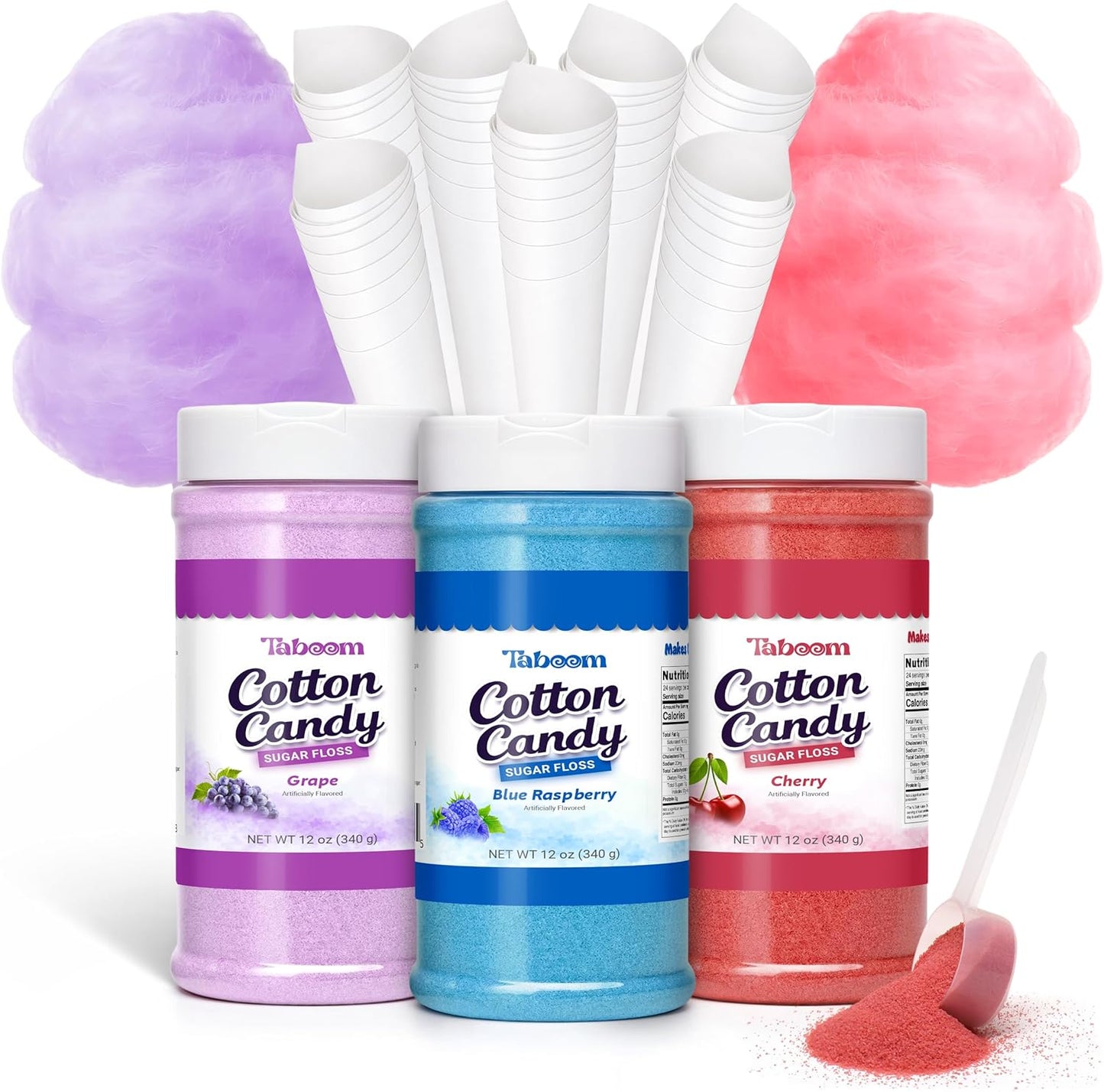 Paquete hilo algodón azúcar sabores uva frambuesa cereza 3 botellas 12 oz 55 conos para hogar eventos