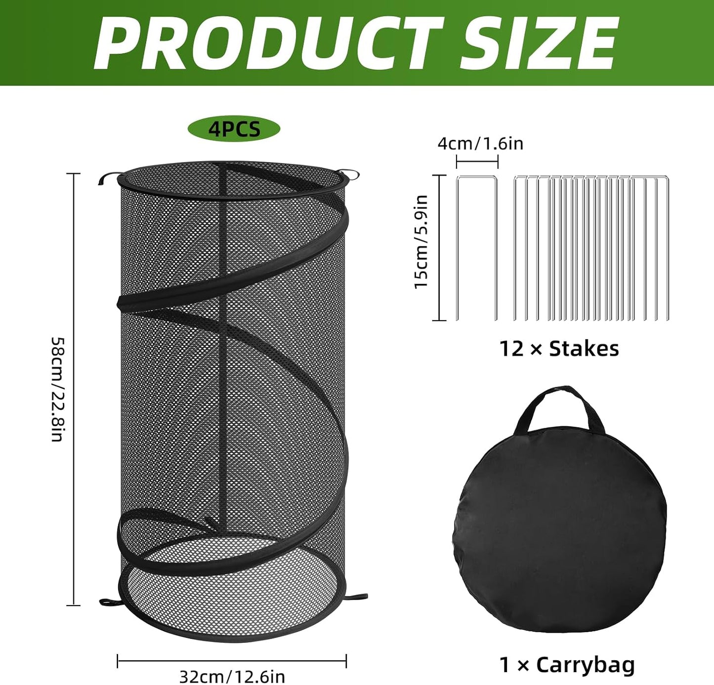 4 Cubiertas Plegables Redondas para Plantas 22.8x12.6pulg Negro