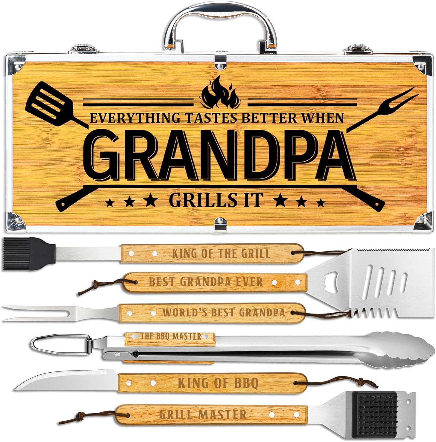 Kit accesorios barbacoa madera acero inox herramientas