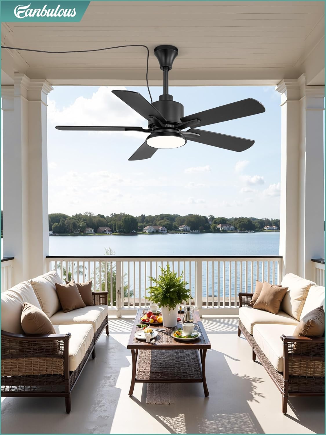 Ventilador techo exterior 42pulg luces IP65 motor CC 6 vel negro