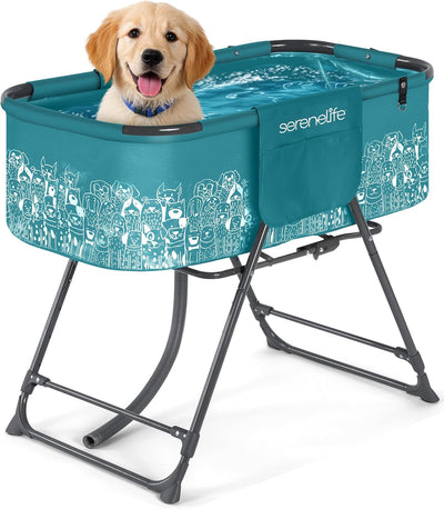 Bañera plegable perro ajustable 130lb con drenaje y bolsillos azul