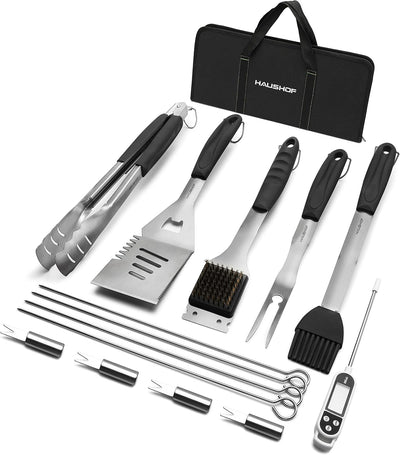 Juego parrilla acero inox 16.5pulg espátula cepillo tenedor pinzas
