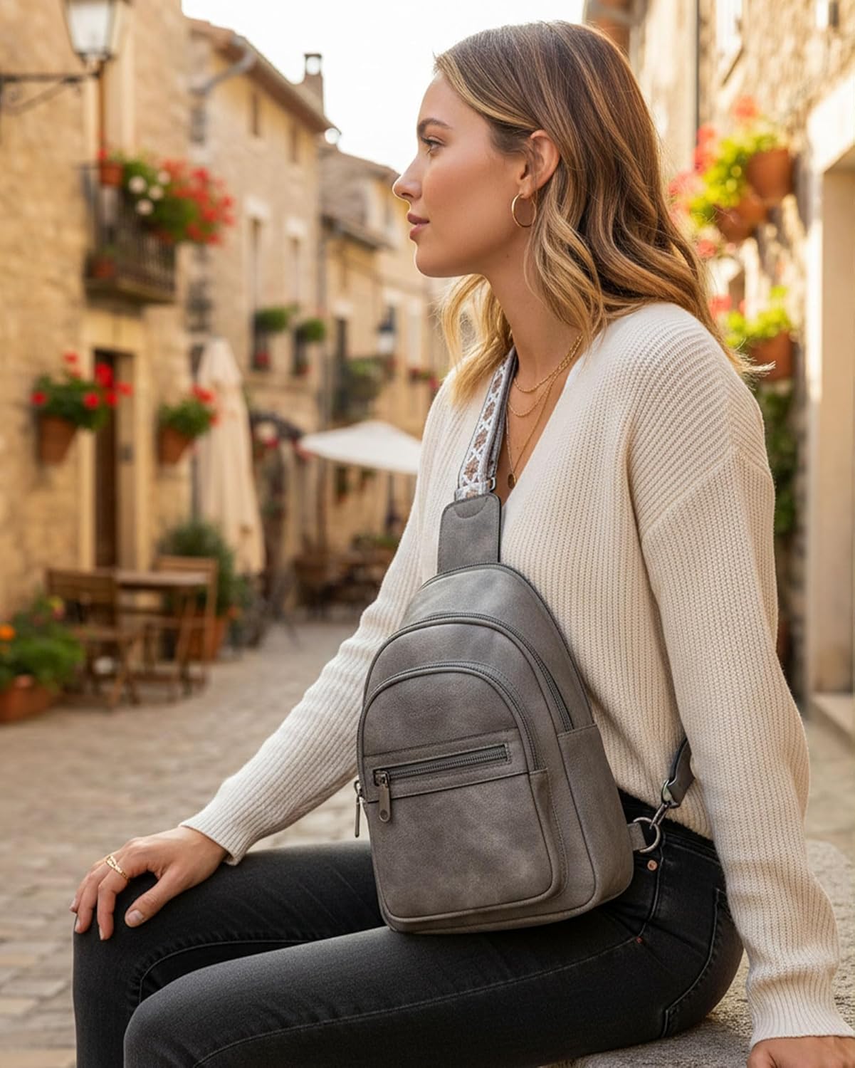 Bandolera mujer cuero vegano RFID cremallera retro gris