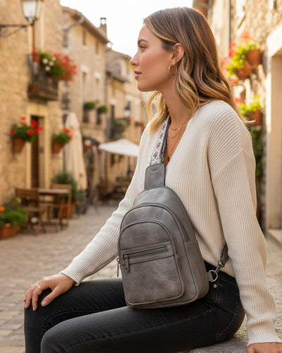 Bandolera mujer cuero vegano RFID cremallera retro gris