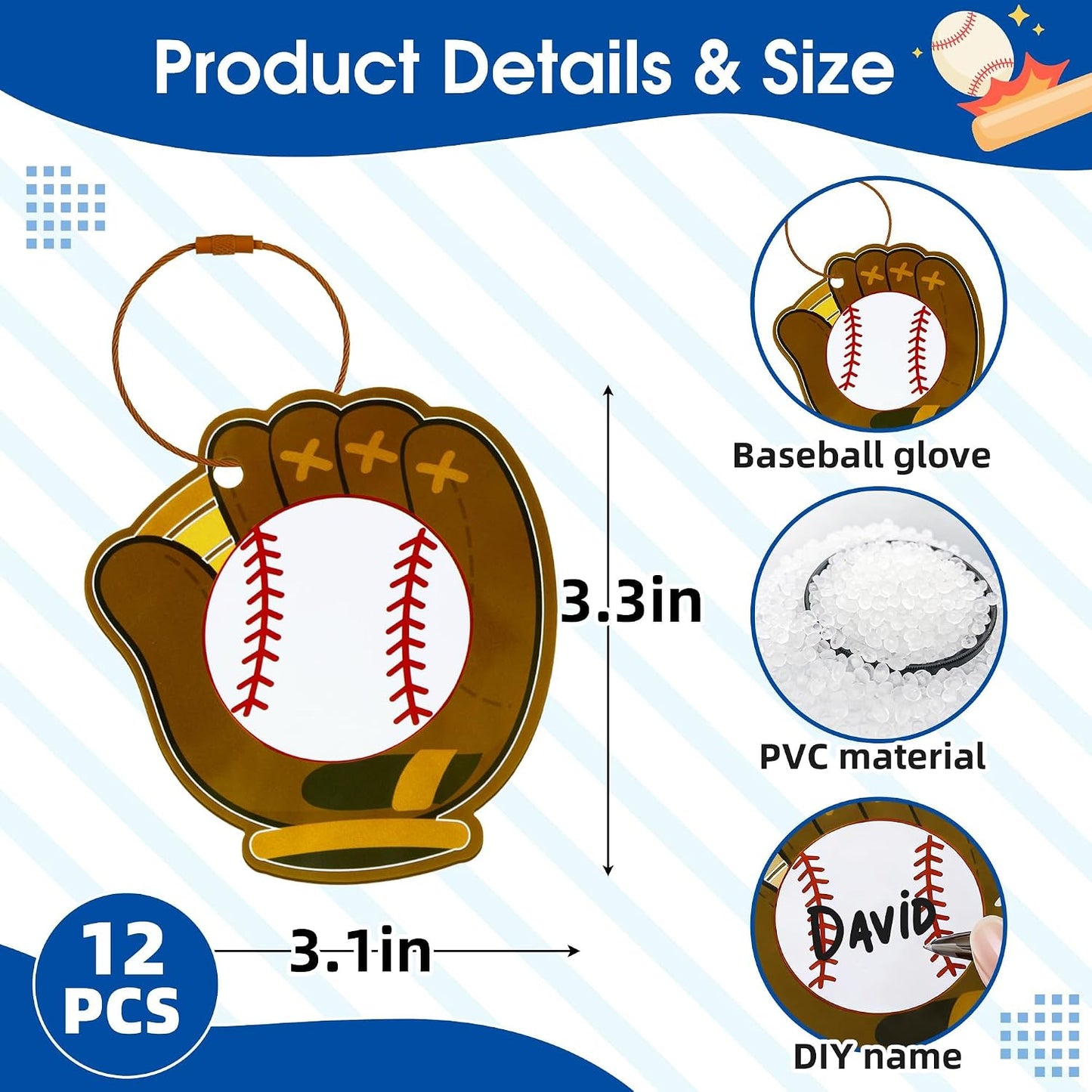 12 Etiquetas Equipaje Béisbol con Anillo Metal PVC