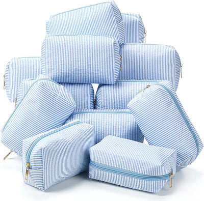 12 bolsas sirsaca a rayas para maquillaje y viaje azul claro
