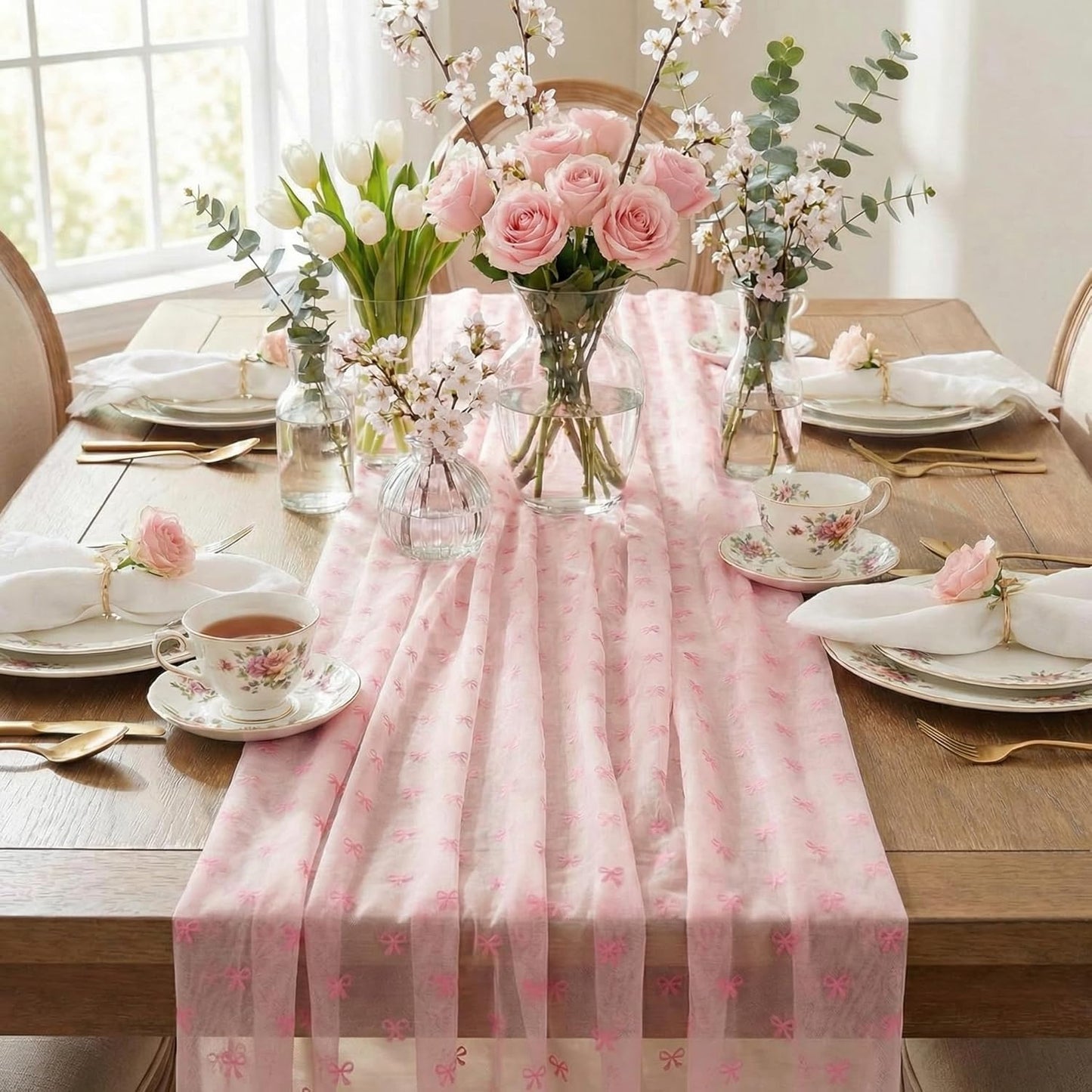 Camino de mesa de tul rosa con lazo 9.8 pies para decoración de hogar y eventos