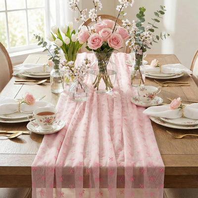 Camino de mesa de tul rosa con lazo 9.8 pies para decoración de hogar y eventos