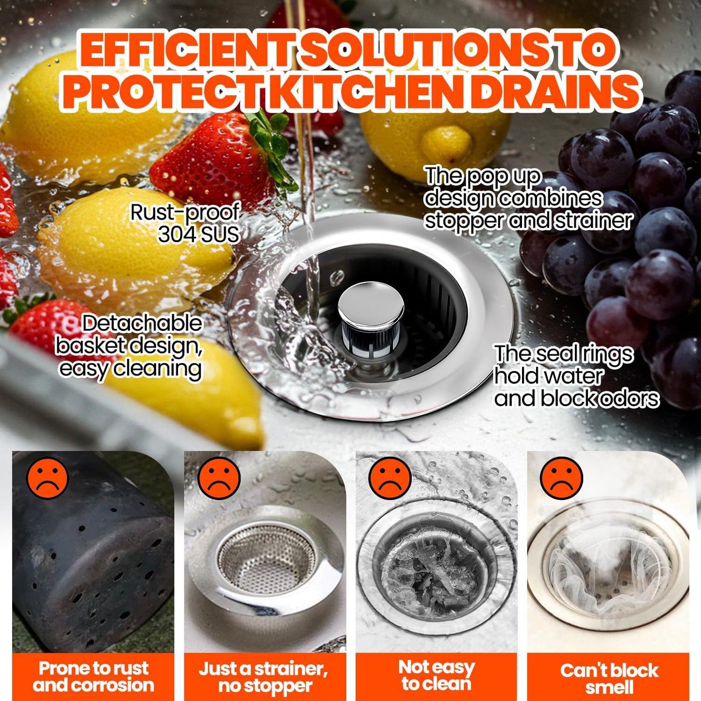 Colador drenaje acero inox 3en1 con cesta antiobstrucciones