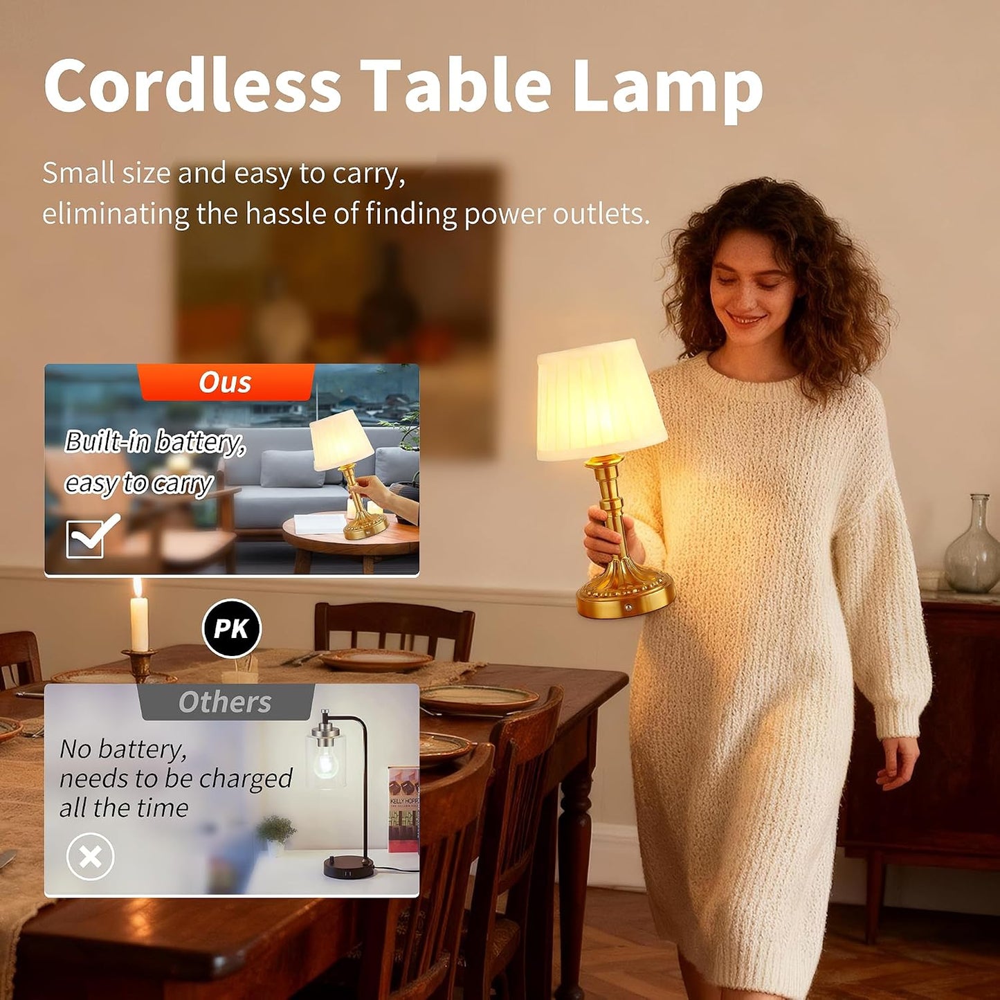 2 Lámparas Mesa Inalámbricas Recargables LED 5200mAh Tela Bronce