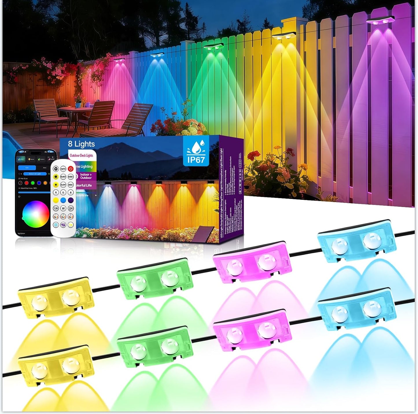 8 Luces Valla Exteriores RGB App Control Remoto IP67