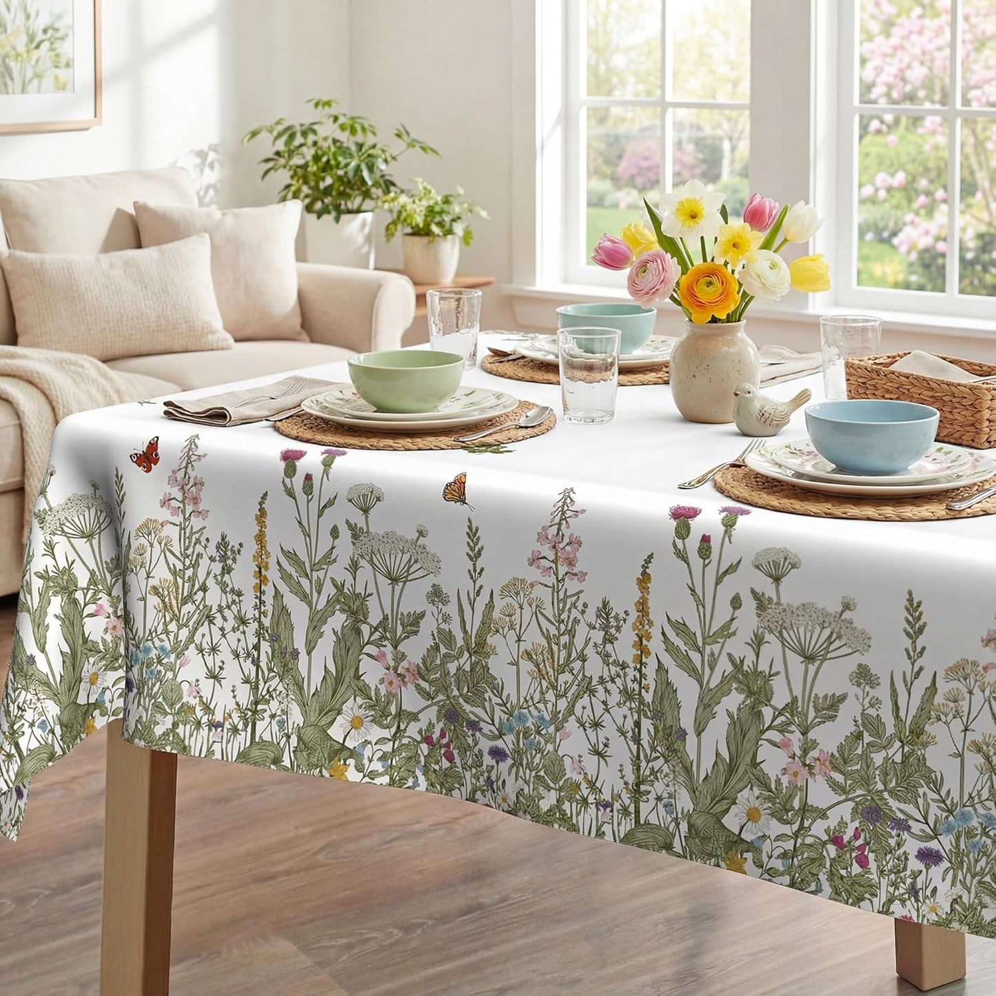 Mantel rectangular de poliéster con flores silvestres de primavera