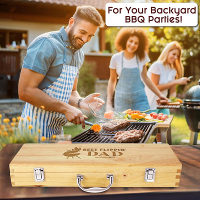 Juego parrilla BBQ 11 pzas acero inox madera arce para papá