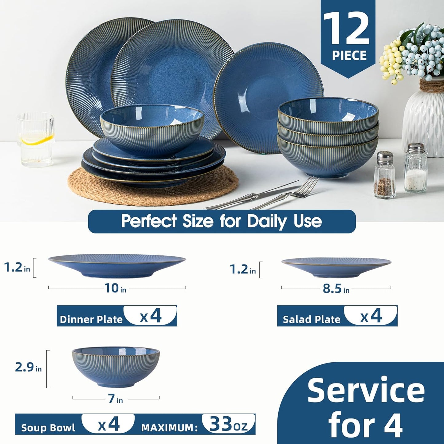 Set 12 Pzas Vajilla Cerámica Acanalada Azul