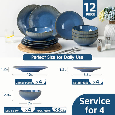 Set 12 Pzas Vajilla Cerámica Acanalada Azul