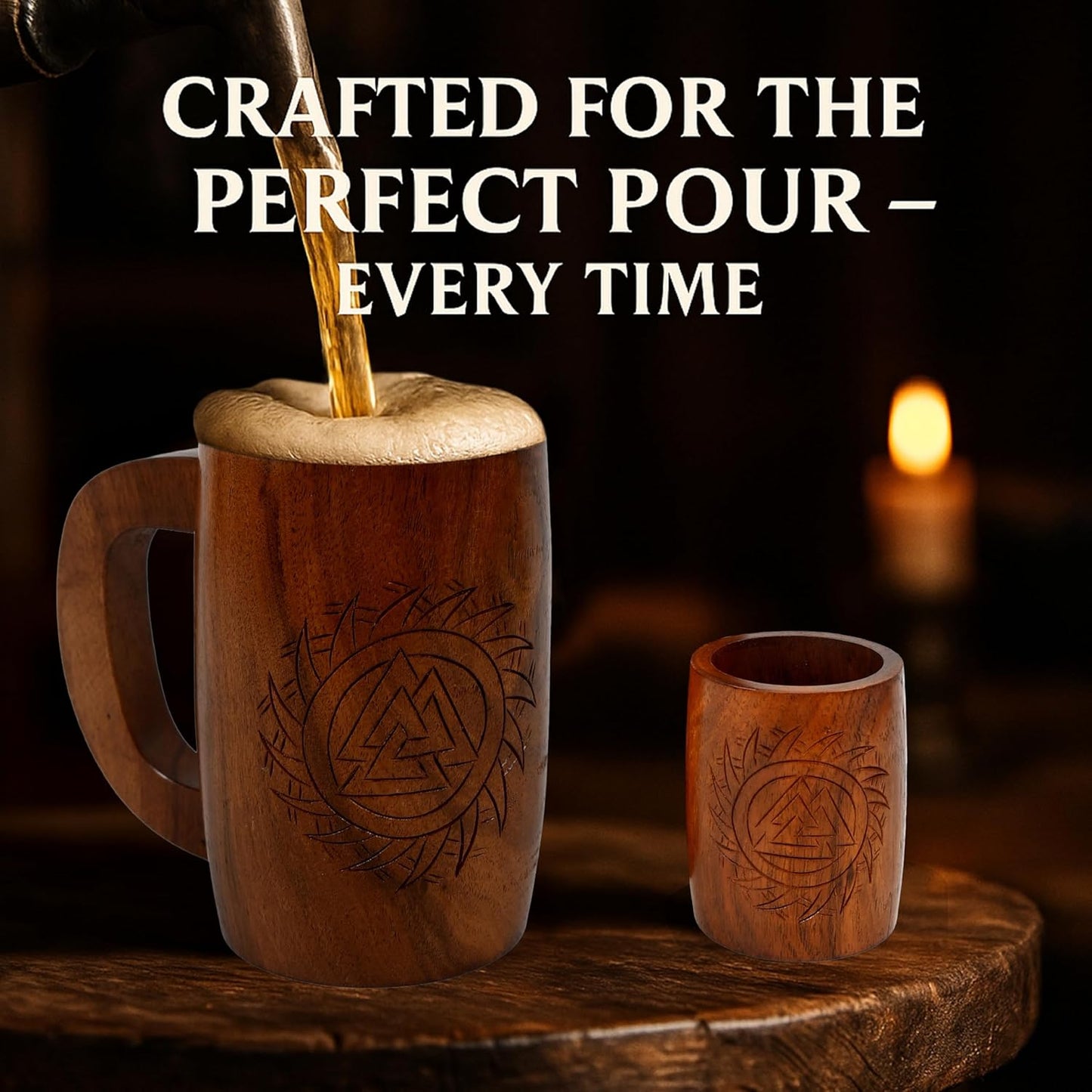 Juego tazas Vikingas madera grabada 16-20oz con vasos chupito