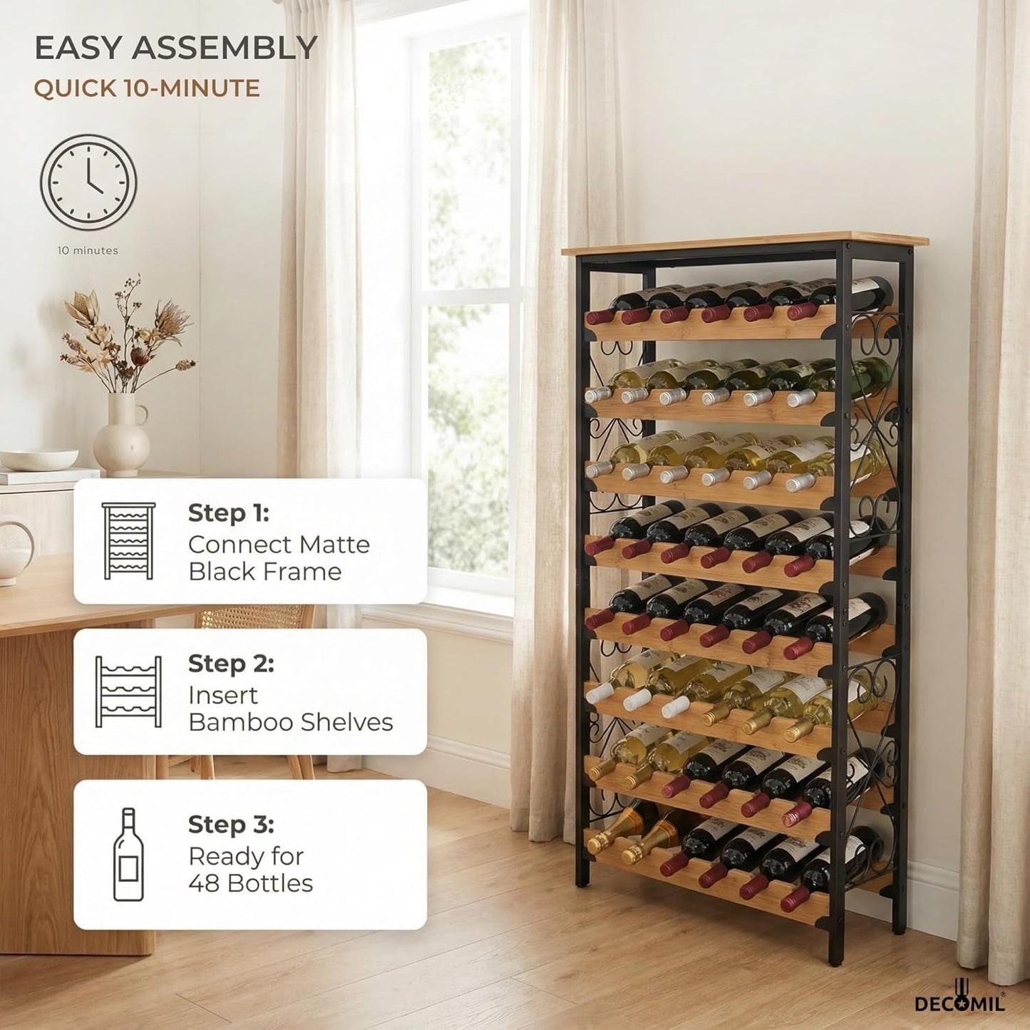 Estante vino 48 botellas bambú metal 51x23x9.5in