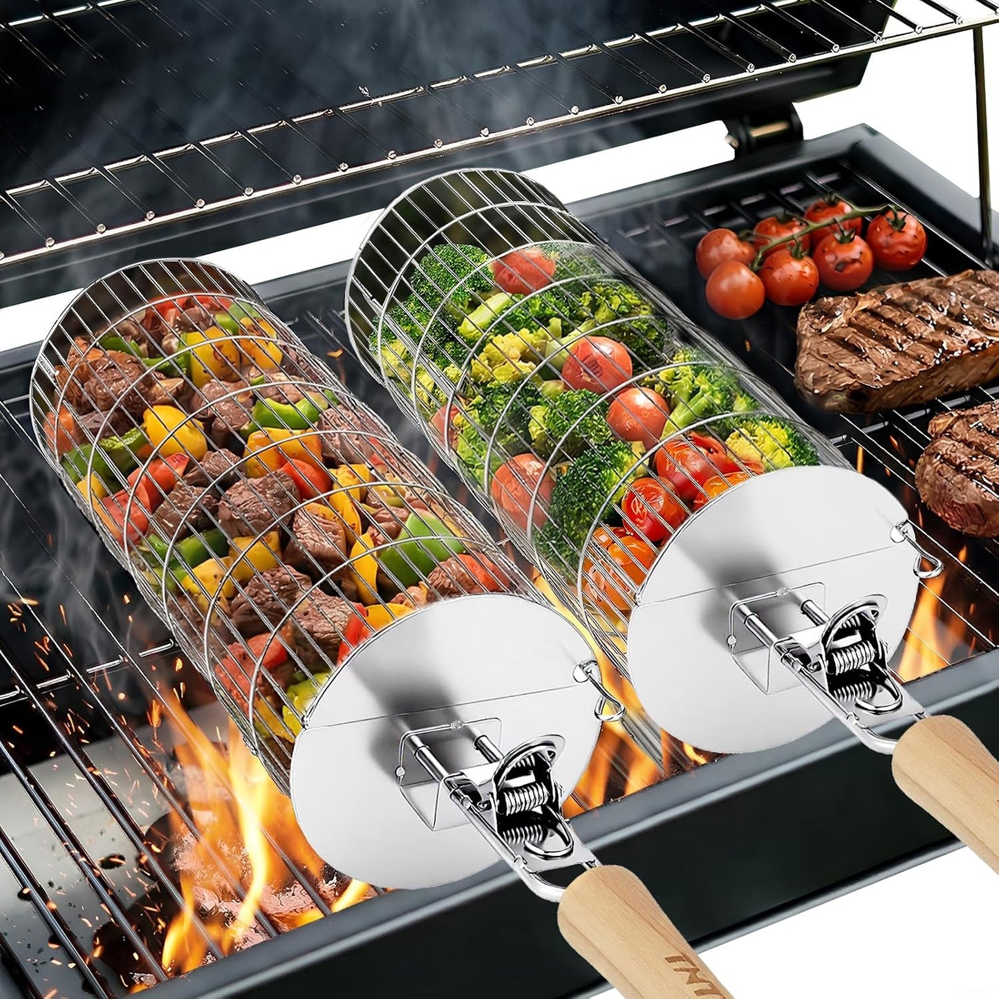 Cesta parrilla acero inox 304 mango extraible para barbacoa