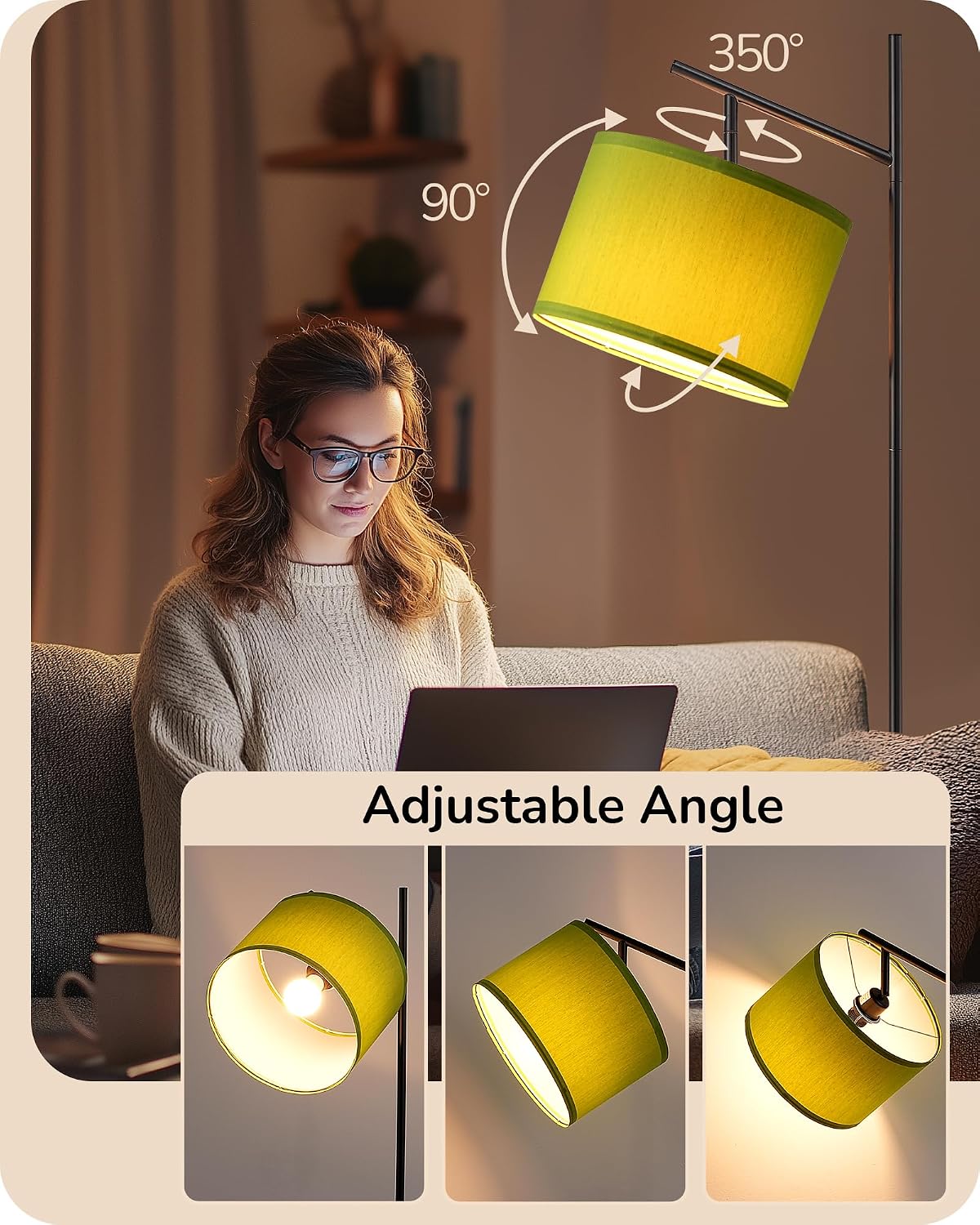 Lámpara pie sala 64.7pulg bombilla 3 temperaturas pantalla lino ajustable