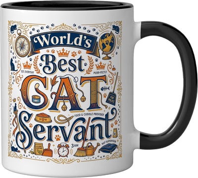 Taza cerámica vintage con ilustración tipográfica negra y blanca
